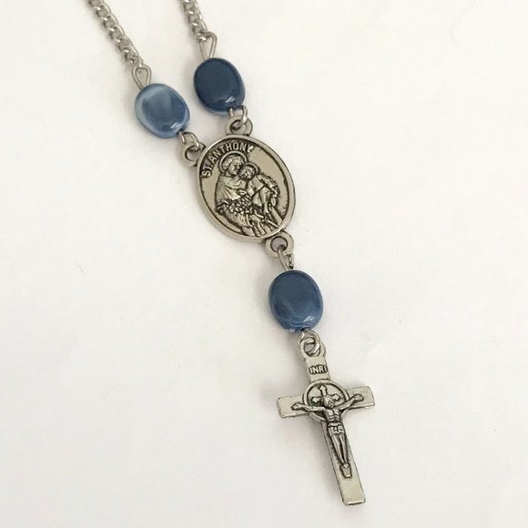 Vintage St Saint Anthony Peregrine Cross Necklace Medal Catholic 21" Blue Beads - Picture 9 of 11